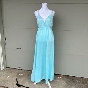 Vintage Kayser Aqua Blue Nylon Nightgown Lace Trim Maxi Lingerie Slip Dress